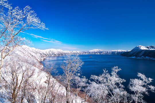 Frost covered trees on Lake Mashu , Japan,Hokkaido,Teshikaga, Hokkaido