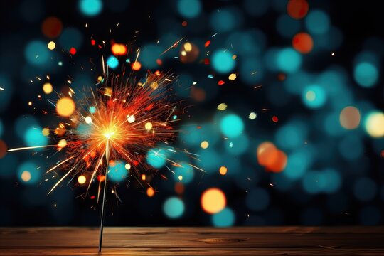 A celebratory background image in the New Year's celebration, highlighting a little sparkler firework with blurred holiday lights in the background. Photorealistic illustration, Generative AI