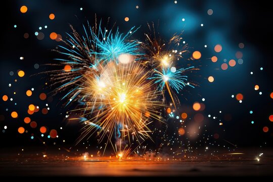 A festive background image in the New Year's celebration, showcasing a closeup of little sparkler fireworks with blurred holiday lights in the background. Photorealistic illustration, Generative AI