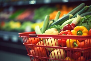 Shopping cart full of fresh vegetables in supermarket