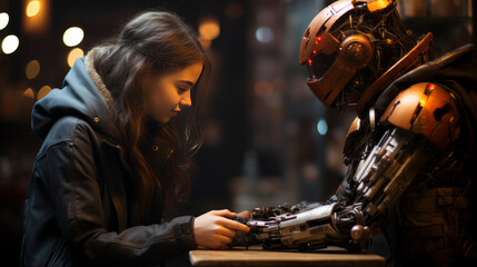 Girl talking with a robot