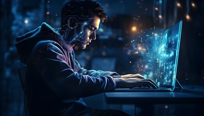 A man working on a computer representing artificial intelligence in a modern and technological room, searching for new tools and advancements for humanity. Concept of AI and technology

