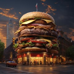 Big tasty hamburger on green grass landscape background - obrazy, fototapety, plakaty