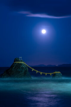 Husband and Wife Rocks and full moon, Japan,Mie Prefecture,Ise city