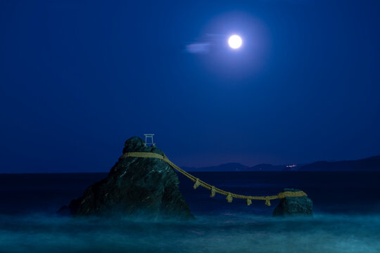 Husband and Wife Rocks and full moon, Japan,Mie Prefecture,Ise city