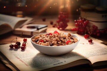Bowl of muesli with fresh berries and open book on wooden table