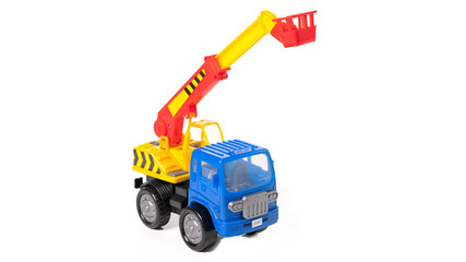 Plastic toy car telescopic lift isolated on white background.