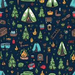 Abwaschbare Fototapete Berge Cute hand drawn seamless pattern with camping doodles, tents, landscape and trails, great for textiles, banners, wallpapers. AI Generative.