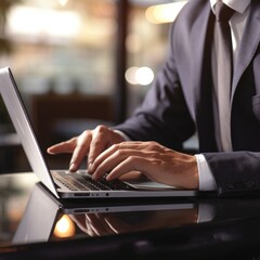 closeup with hand of businessman using laptop, with out door cafe, chilling, technology concept. AI Generative.