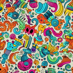 Fototapeta premium Kawaii doodle smiling monsters seamless pattern for child prints, designs and coloring books. Food, animals, robots, flowers. AI Generative.