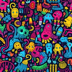 Kawaii doodle smiling monsters seamless pattern for child prints, designs and coloring books. Food, animals, robots, flowers. AI Generative.