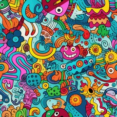 Kawaii doodle smiling monsters seamless pattern for child prints, designs and coloring books. Food, animals, robots, flowers. AI Generative.