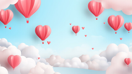 paper cut happy valentine's day concept. landscape with cloud and heart shape hot air balloons flying on blue sky background paper art style.