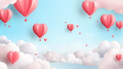 Fototapeten paper cut happy valentine's day concept. landscape with cloud and heart shape hot air balloons flying on blue sky background paper art style. © Lalaland