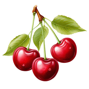 Watercolor realistic cherries on a branch isolated on transparent background. AI Generative