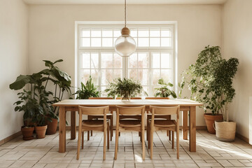 Elegant Dining Ambiance: Wooden Table with Six Chairs in a White-Tiled Room