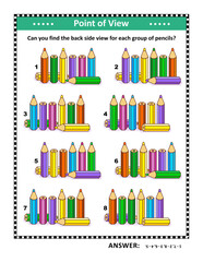 Visual puzzle with colored pencils for brain workout or just for fun relax. Find the back side view for each group of pencils. Answer included.
