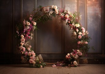 floral hoop digital backdrops. shoot set up with prop Flower and wood backdrop. AI Generative.