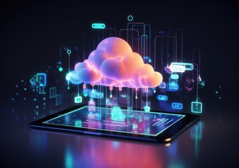 neon light showing cloud computing on tablet computer. neon light showing cloud computing on tablet computer. AI Generative.
