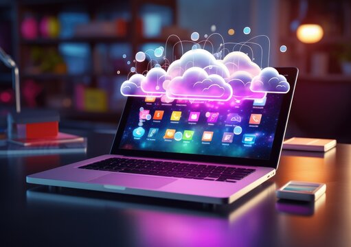 neon light showing cloud computing on tablet computer. neon light showing cloud computing on tablet computer. AI Generative.