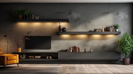bookcase and contemporary marble TV wall. inside decorating of a home. Illustrations in three dimensions..