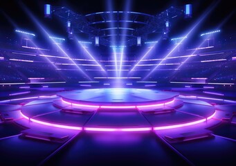 neon stadium stage, Glowing neon lighting and a blank platform for product placement, Satge platform for concert. AI Generative.