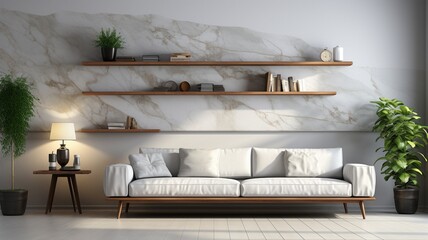 bookcase and contemporary marble TV wall. inside decorating of a home. Illustrations in three dimensions..
