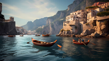 rocky shores and steep cliffs of the Amalfi Coast, with traditional Italian boats