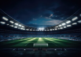 Fototapeta na wymiar Football stadium at night, soccer stadium with ongoing game at night. Drone view. AI Generative.