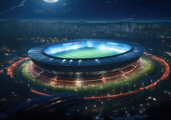 Football stadium at night, soccer stadium with ongoing game at night.  Drone view. AI Generative.