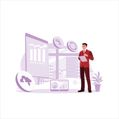 A boss with a digital tablet controls instant data while walking around the office. Trend Modern vector flat illustration