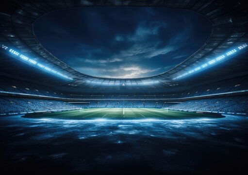 Fototapeta Football stadium at night, soccer stadium with ongoing game at night.  Drone view. AI Generative.