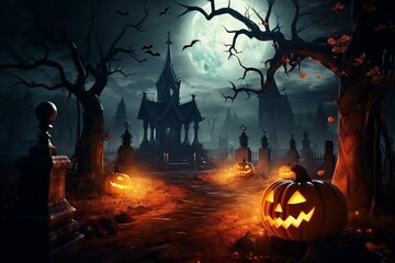 Fototapeta na wymiar Eerie Halloween night with a jack o lantern in a graveyard. Generative AI