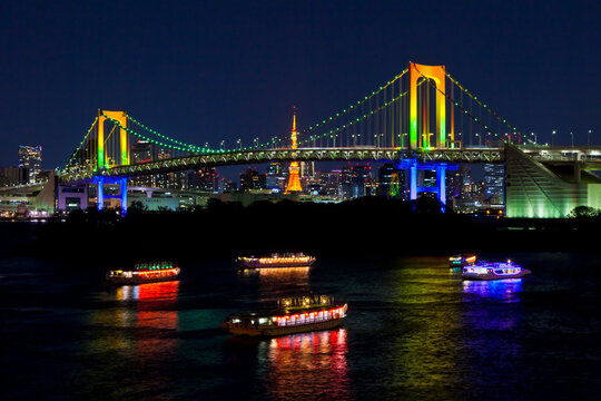 Night view of Rainbow Bridge from Odaiba, Tokyo,Minato,Daiba,Japan