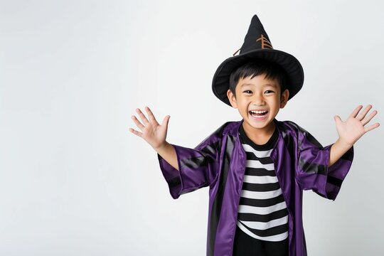 smiling asian boy with witch halloween costume
