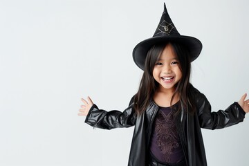 smiling asian girl with witch halloween costume