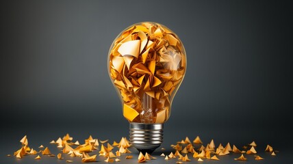 Yellow scrap paper ball with a painted picture for a computer-generated lightbulb. It is an innovative approach for problem-solving and creative thinking.