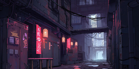 Anime cyberpunk futuristic style city dark alleyway background cartoon cityscape, generated ai