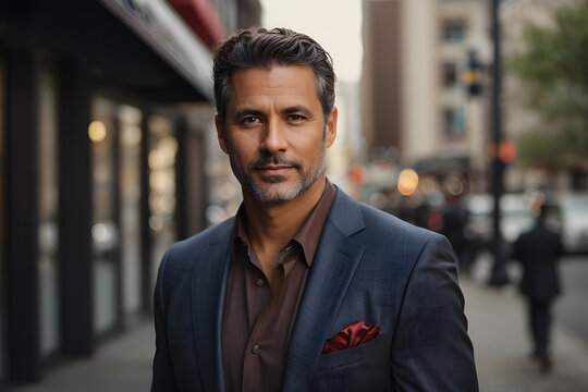 Entrepreneur businessman standing on the sidewalk. 40 year old business man. Very handsome businessman. Smirking. Image created using artificial intelligence.