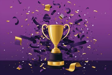 Purple backdrop featuring a cartoon champions trophy and confetti showering. Generative AI
