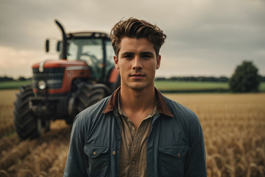Portrait of a young farmer standing in front of a tractor in a field in summer. Image created using artificial intelligence.