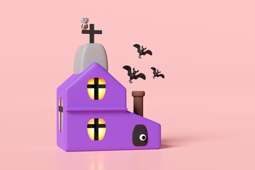 3d happy halloween day with haunted house, cute owl perched on cross, bats isolated on pink background. holiday party, 3d render illustration