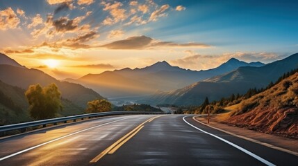 Highway in the mountains at sunset. Beautiful landscape with asphalt road in the mountains, Generative AI