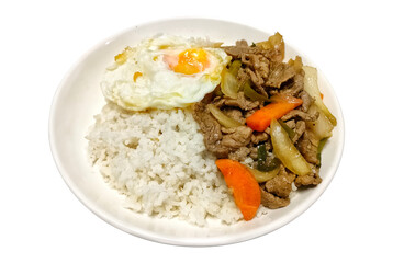 Stir fried black pepper beef with fried egg on rice