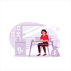 Young businesswoman working on laptop computer in modern office, working on finance and marketing project, Office work concept. Trend Modern vector flat illustration