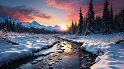 Mountain river in the winter forest at sunset. Beautiful landscape, Generative AI