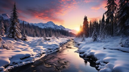 Fototapeta na wymiar Mountain river in the winter forest at sunset. Beautiful landscape, Generative AI