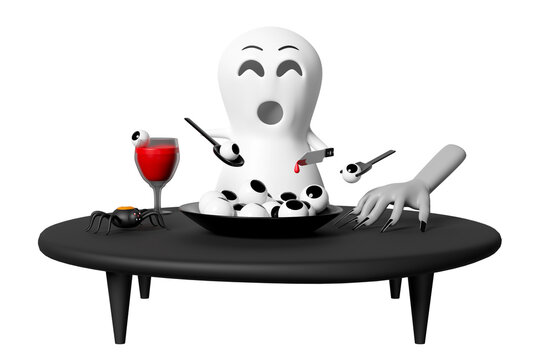 3d happy halloween party with cute ghost holding a bloody knife wineglass, cocktail eyes, zombie hand isolated. 3d render illustration