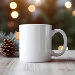 Obraz na płótnie Canvas White blank mug 11oz mockup product photography background, Christmas themed, Bokeh lights, pinecones, Christmas balls, presents, Christmas Tree
