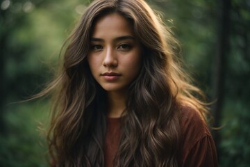 Fototapeta premium Portrait of a young beautiful woman long hair